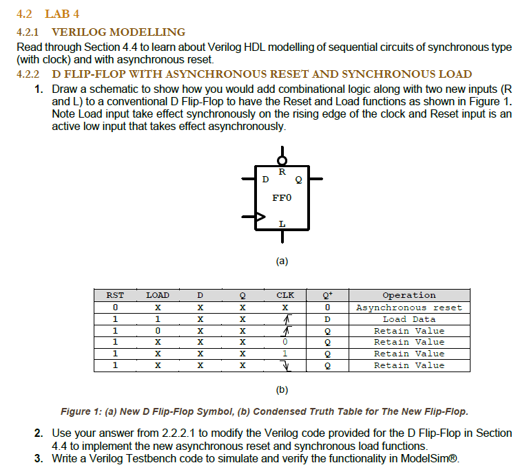 Draw a schematic to show how you would add combinational logic along with two new inputs (R and L) to a conventional D Flip-Flop to have the Reset and Load functions as shown in Figure 1. Note Load input take effect synchronously on the rising edge of the clock and Reset input is an active low input that takes effect asynchronously.