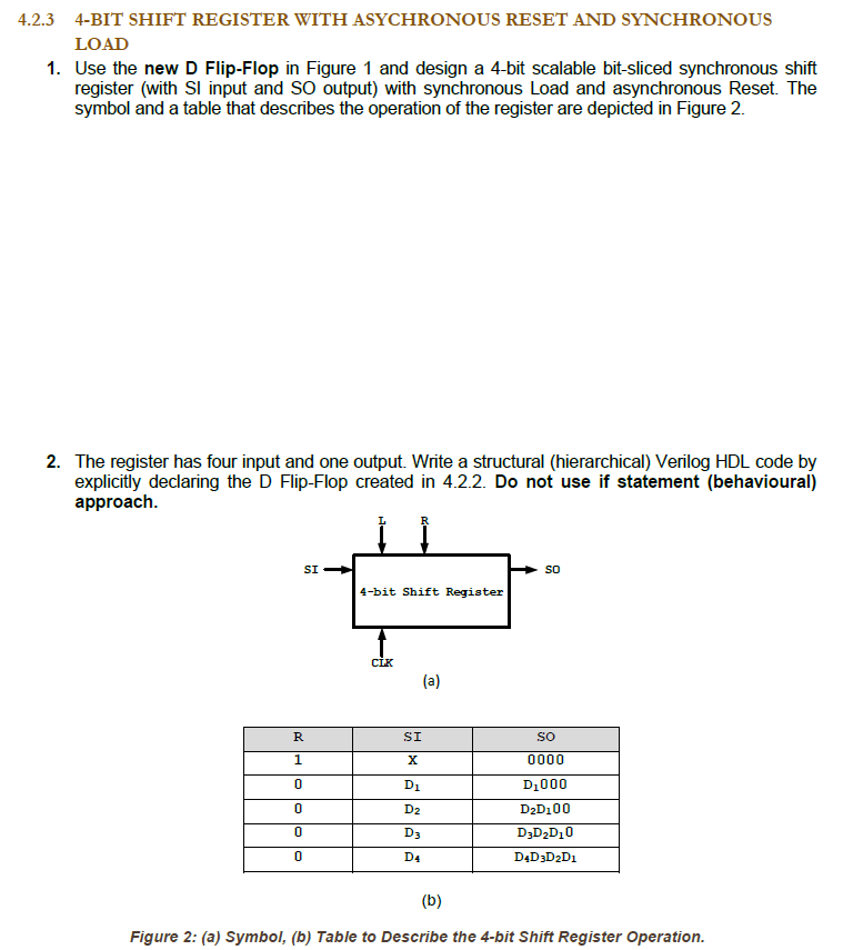 Use the new D Flip-Flop in Figure 1 and design a 4-bit scalable bit-sliced synchronous shift register (with SI input and SO output) with synchronous Load and asynchronous Reset. The symbol and a table that describes the operation of the register are depicted in Figure 2. The register has four input and one output. Write a structural (hierarchical) Verilog HDL code by explicitly declaring the D Flip-Flop created in 4.2.2. Do not use if statement (behavioural) approach. Use the following test patterns with the clock periods provided in Table 1. Write a Verilog Testbench code to simulate and verify the functionality in ModelSim.